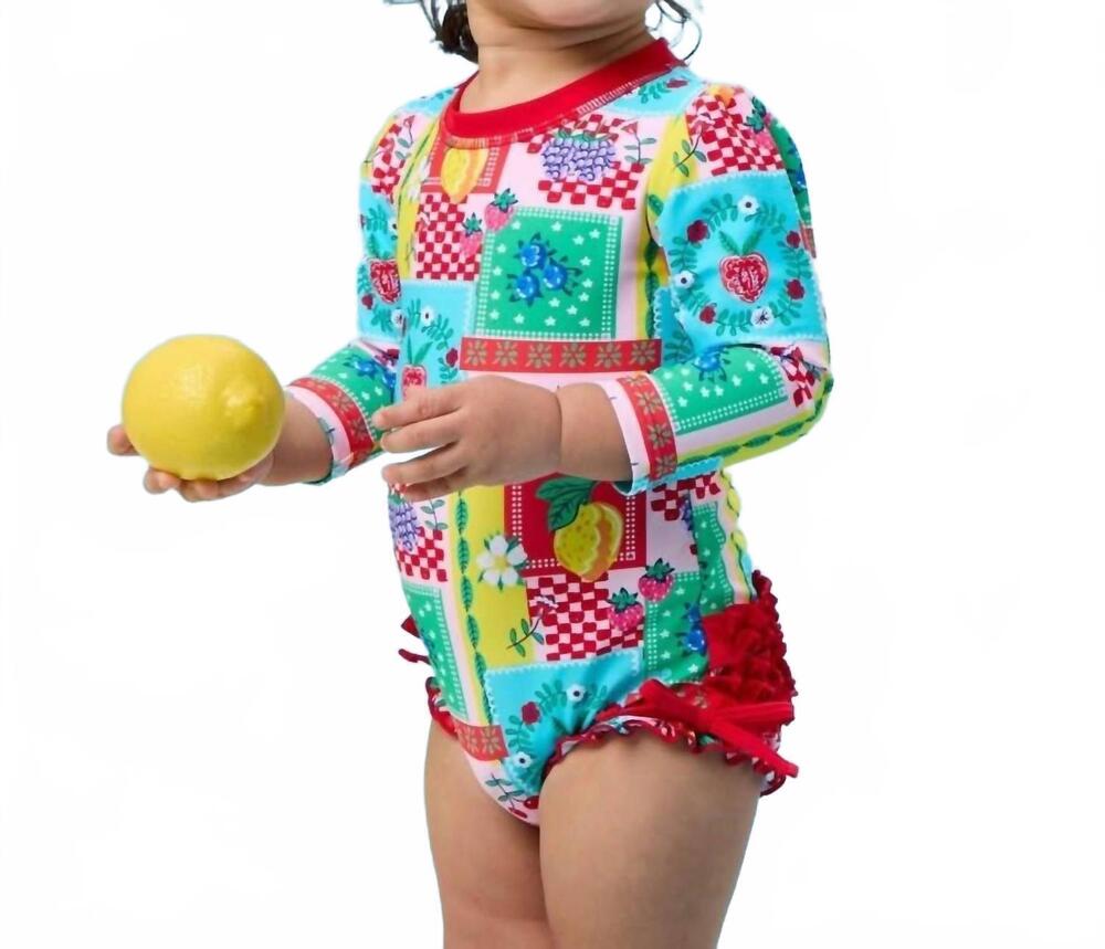 NEW RUFFLEBUTTS kids long sleeve picnic party rash guard swimsuit in multicolor